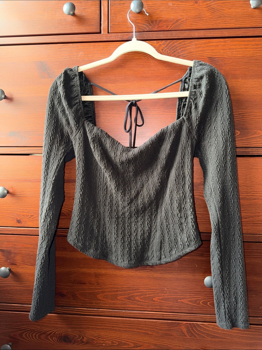 Free People Brittany Top Black Textured Knit Puff Sleeve Tie Back